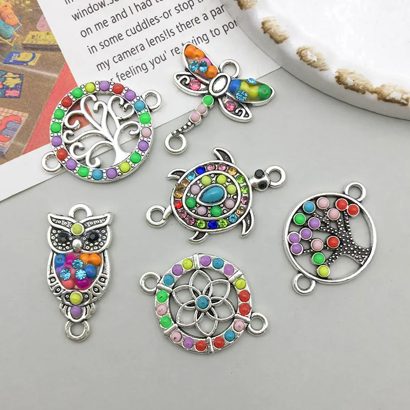 6pcs Alloy Colorful European and American Style Owl Dragonfly Pendants Charms Connectors For Jewelry Making Bracelet Findings