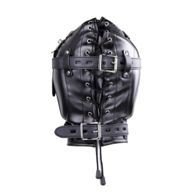 PU Leather Padded Hood Funnel Mouth Gag Blindfold Head Restraint Harness Mask BDSM Bondage Gimp Sexy Costume Sex Toys