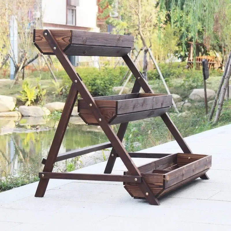 

Carbonized anti-corrosion wood multi-layer flower rack, balcony solid wood flower box flower pot, outdoor floor standing ladder