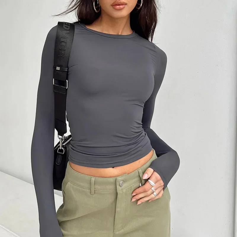 

Women Casual Long Sleeve T-Shirts Spring Autumn Solid Slim Fit Pullovers Tees Shirts Female Streetwear Base Tees Tops Casual