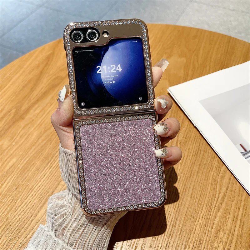 Luxury Diamond Case For Samsung Galaxy Z Flip 7FE fflip6 5 5G ZFlip6 Flip5 Glitter Folding Shockproof Hard Plating Plastic Cover