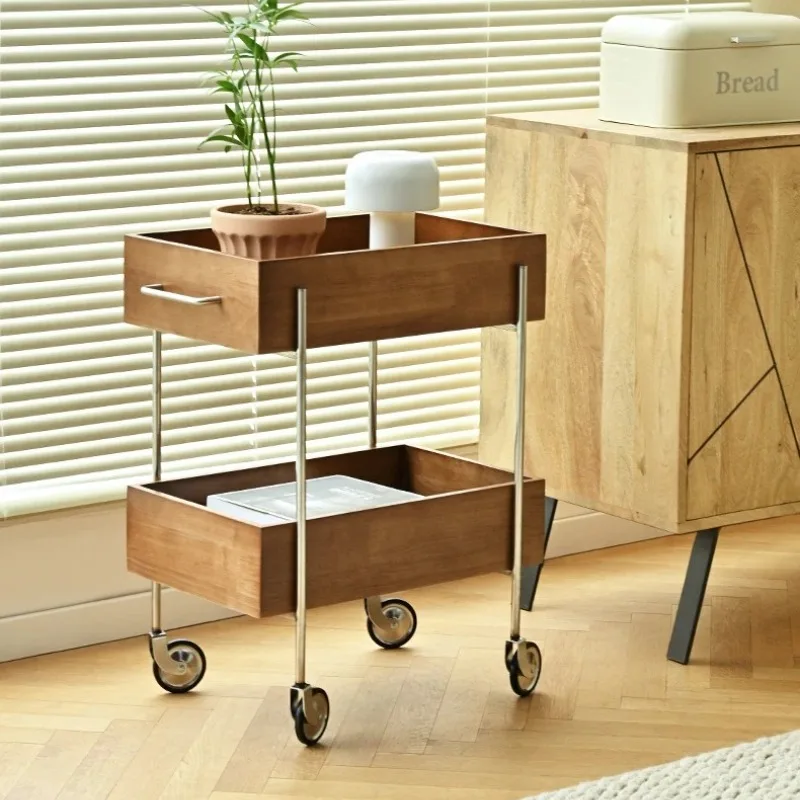 Sideboard Solid Wood Antique Side Table Shelf Trolley Stainless Steel Double Mobile Living Room Sofa Side Storage Shelf