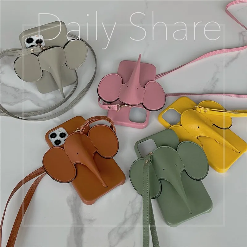 Luxury cute 3d Elephant With Lanyard Hard Case For Iphone 16 15 14 13 11 12 Pro Max Half Pack pu Leather Phone Cover Fundas