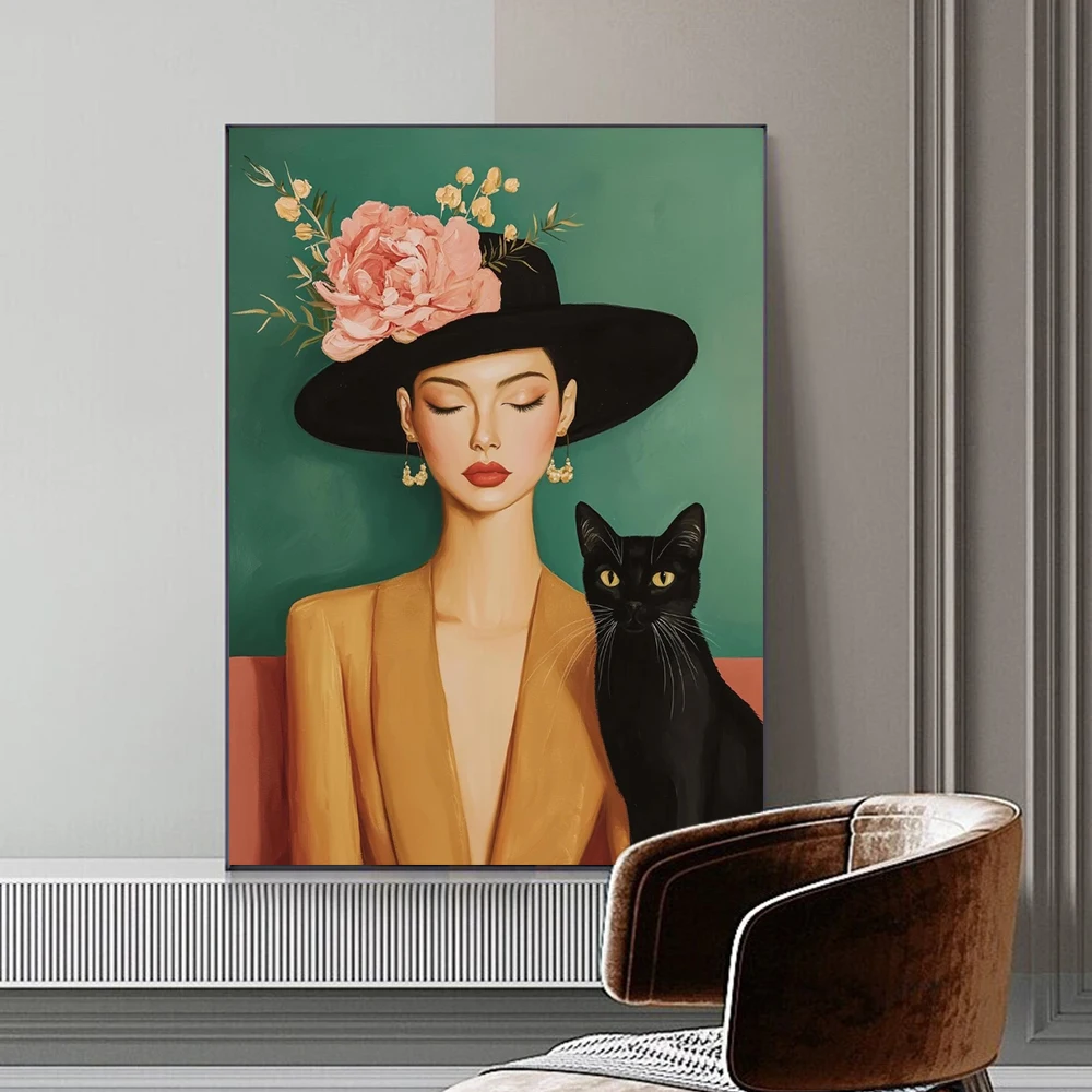 Modern Aesthetic Fashion Woman Portrait With Black Cat Simple Art Posters Minimalism Wall Canvas Painting Living Room Home De