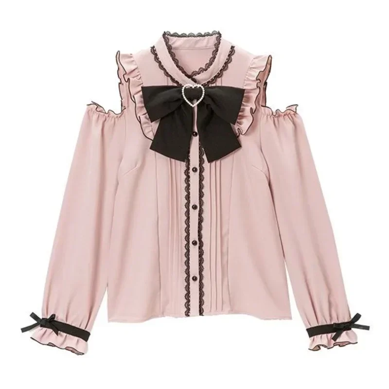 

Spring Sweet Harajuku Kawaii Lolita Blouse Women Lace Bow Long Sleeve Pink Formal Shirts Girly Vintage Japaneses Tops Blusas