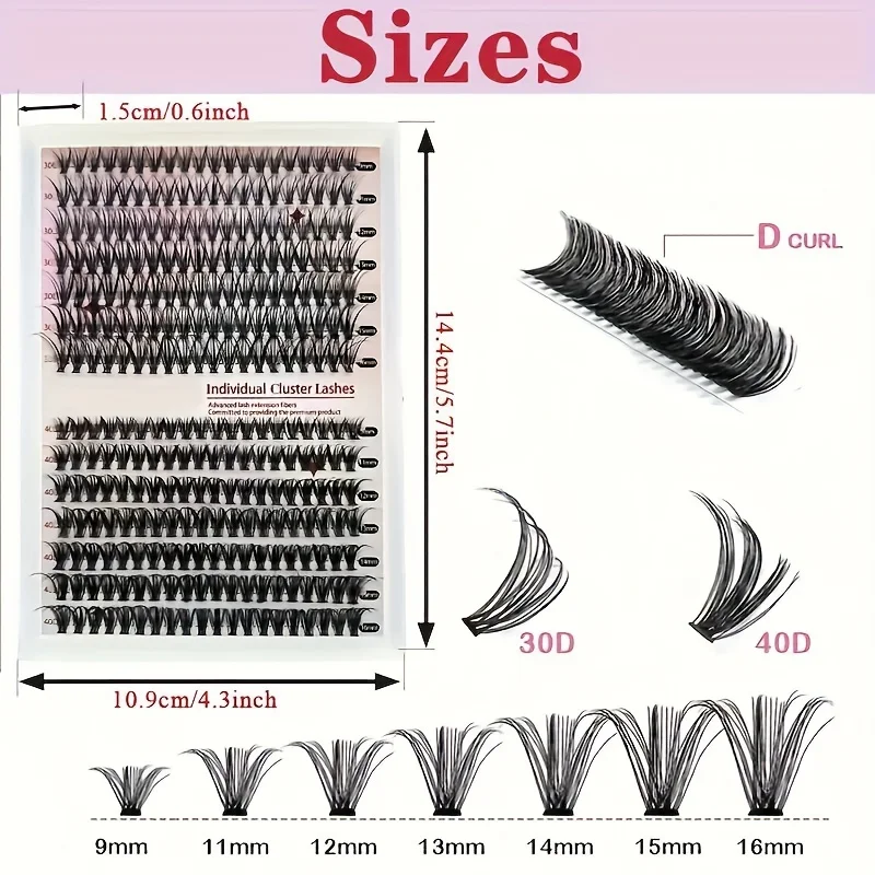 Kit de extensión de pestañas voluminosas 30D/40D, longitud y rizo dramáticos, juego completo con pestañas agrupadas, pegamento rizado, sellador, máscara
