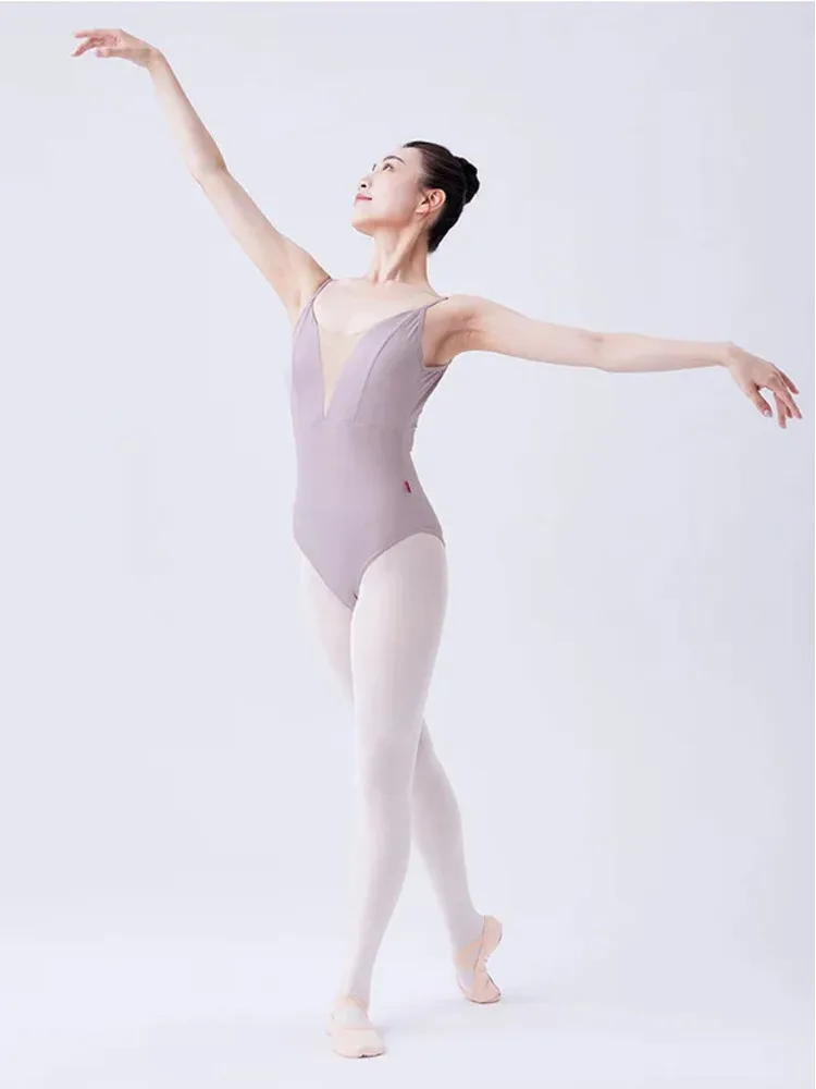 Macacão fino de malha com alça espaguete sem costas para dança de balé, body moderno para performance em palco