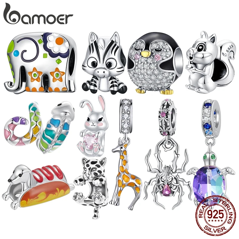 Bamoer 925 Sterling Silver Original Hot Dog Charm Spider Pendant Giraffe Turtle Beads Zoon Animals Cute For Women Fine Jewelry