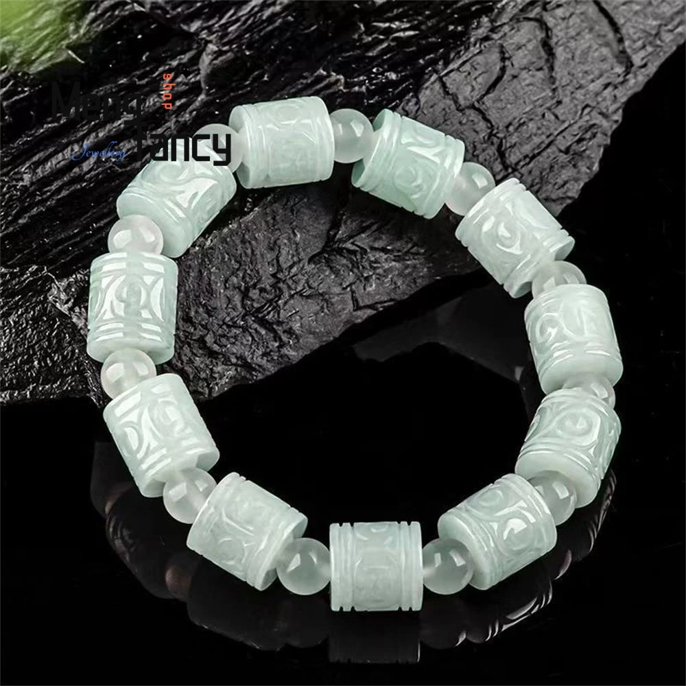 

Natural Myanmar A-goods Jadeite Carved Flower Barrel Beads Passepartout String Ice Jade Bracelet High-grade Fashion Fine Jewelry