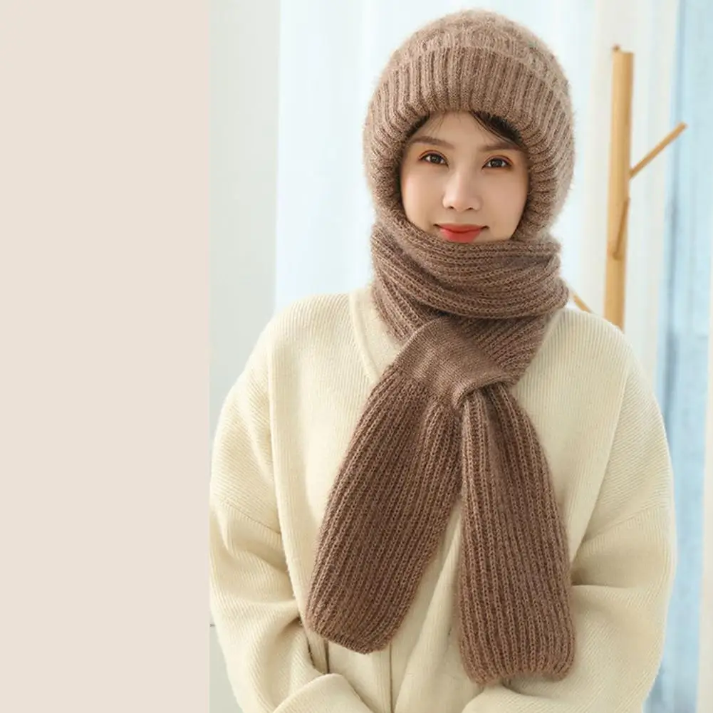 Hat And Scarf All In One Knitted Women Winter Plush Hat Scarf Thickened Warm Hooded Ear Protection Outdoor Ski Female Beanie Cap