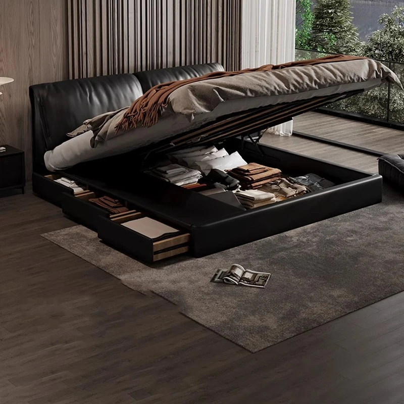 سرير مزدوج للفتيات، سرير كوين لوفت فاخر بحجم كينغ، سرير أميرات خشبي متعدد الوظائف، أثاث جناح صالة كاما من الجلد