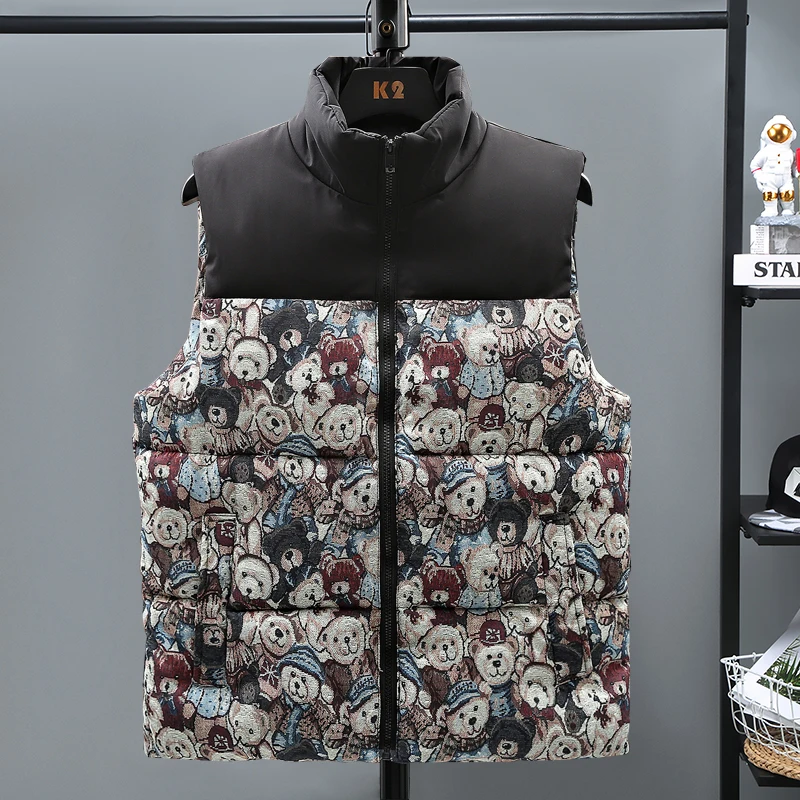 Fashion Print Vest Men Winter Sleeveless Jacket Bear Patchwork Animal Flower Korean Couple Waistcoat Outwear Male Unisex 5XL