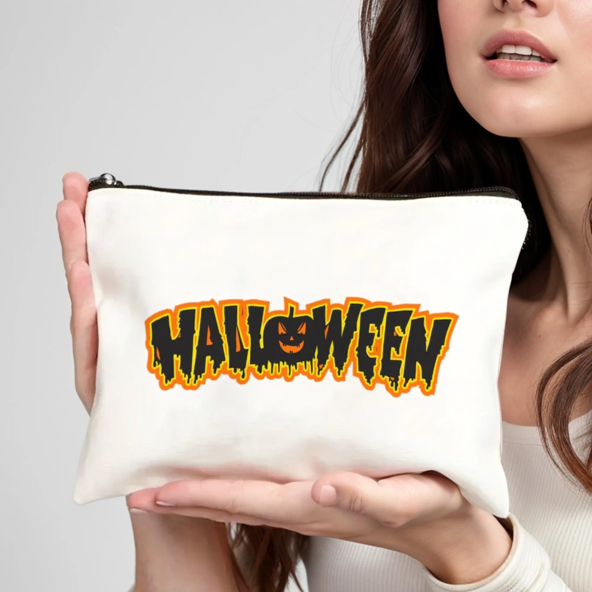 Borsa per cosmetici a tema Halloween Sfondo bianco "Halloween" e motivo zucca Stampa Tessuto lavabile e resistente compatto per portamonete