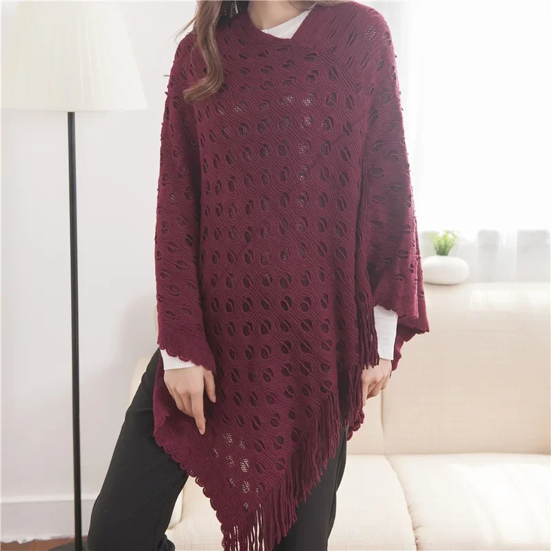 2024 Spring Autumn New Double-layer Irregular Shawl Hollowed Out Tassel Lattice Cloak Versatile Loose Pullover Poncho Red