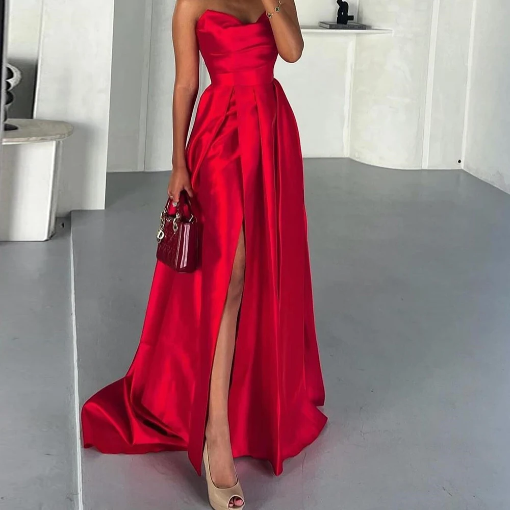 

Temperament Satin Front Slit A-Line Evening Dress Sexy Floor Length Strapless Sleeveless vestidos de noche Saudi Arabia 2024