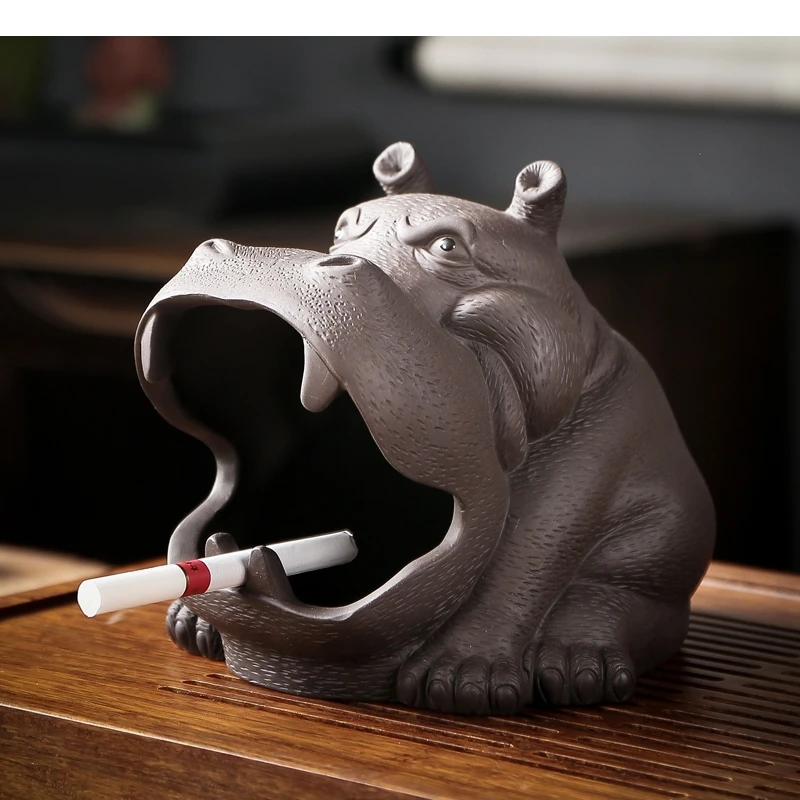 Retro Purple Sand Animal Ashtray Hippo Bulldog Large Capacity Ash-proof Windproof Car Living Room Office Home Decoration