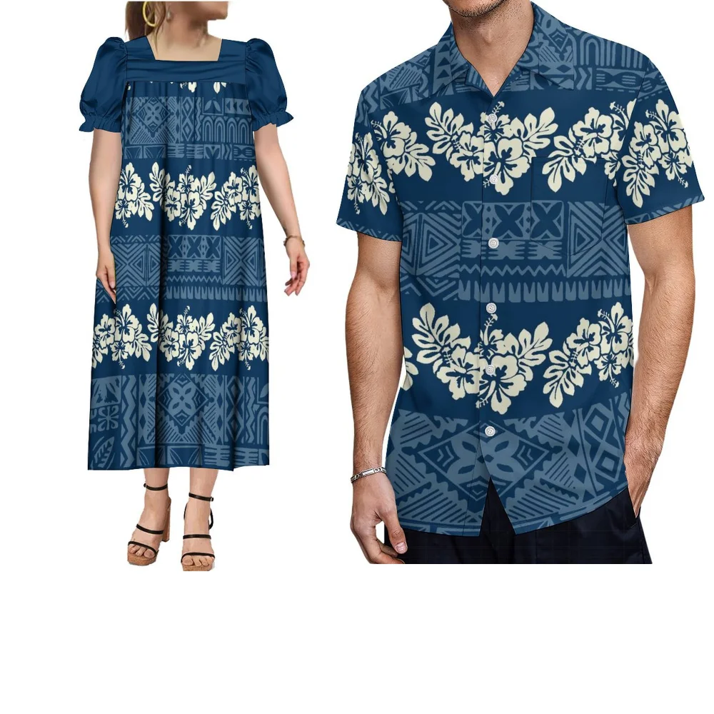 Vestido longo solto havaiano feminino, manga bufante, mumu, camisa casual masculina, top personalizado, ilha polinésia, roupas de casal