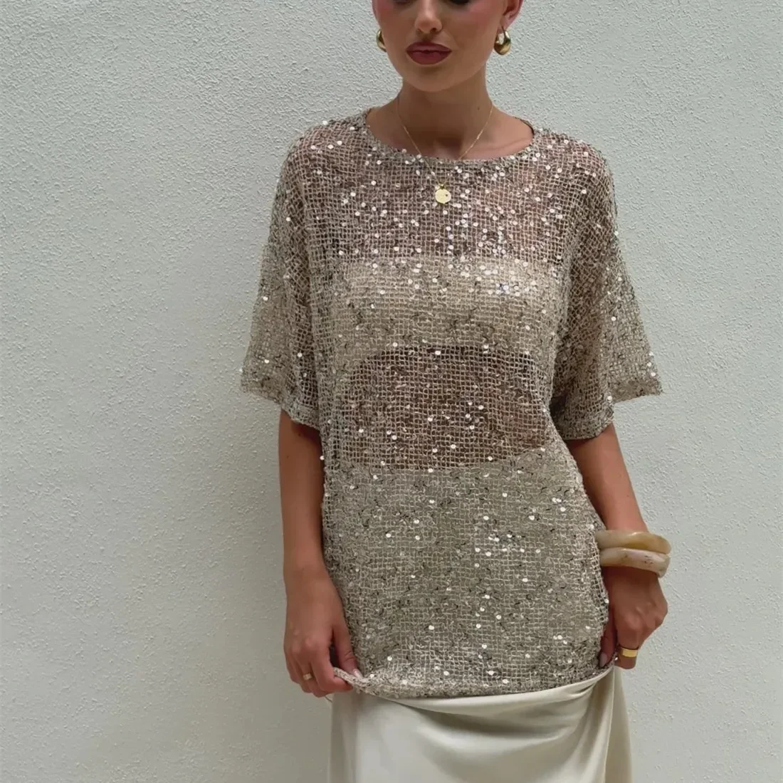 Women's Summer Sequined T-Shirt Casual Loose Fit Stylish Solid Color See Through Crew Neck Elbow Sleeve Tops Cover Ups