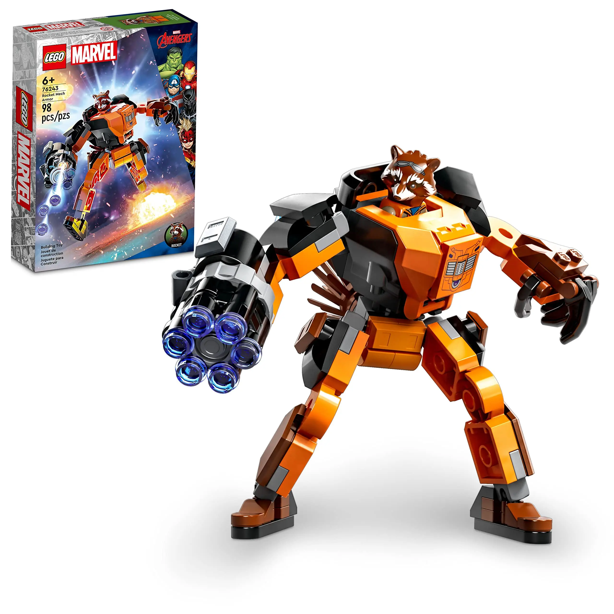 LEGO Avengers Marvel Rocket Mech Armor Set 76243 Guardianes de la Galaxia Racoon Figura de acción construible Juguete Idea de regalo de Navidad