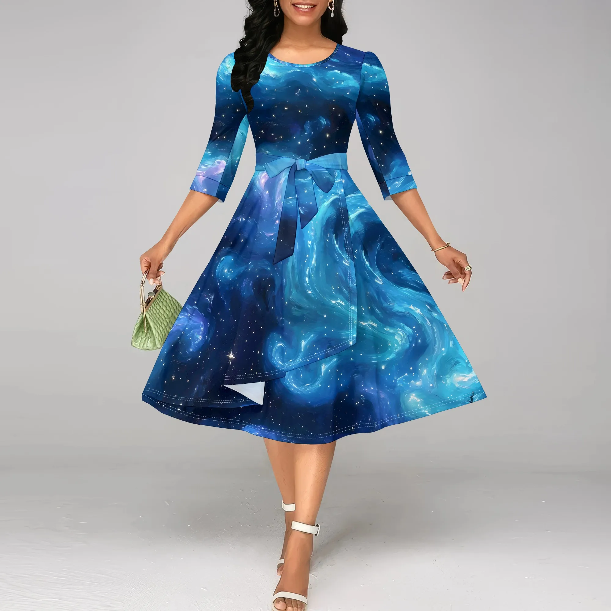

EQQZD Three-Quarter Sleeve Crewneck Dress, Dazzling Starry Night Print Midi Dress with Waistband