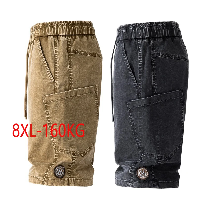 Men's Plus Size Cargo Denim Shorts Summer Heavyweight Retro Elastic Waist Multi Pocket Workwear Jean Shorts For Big Men 2XL 8XL