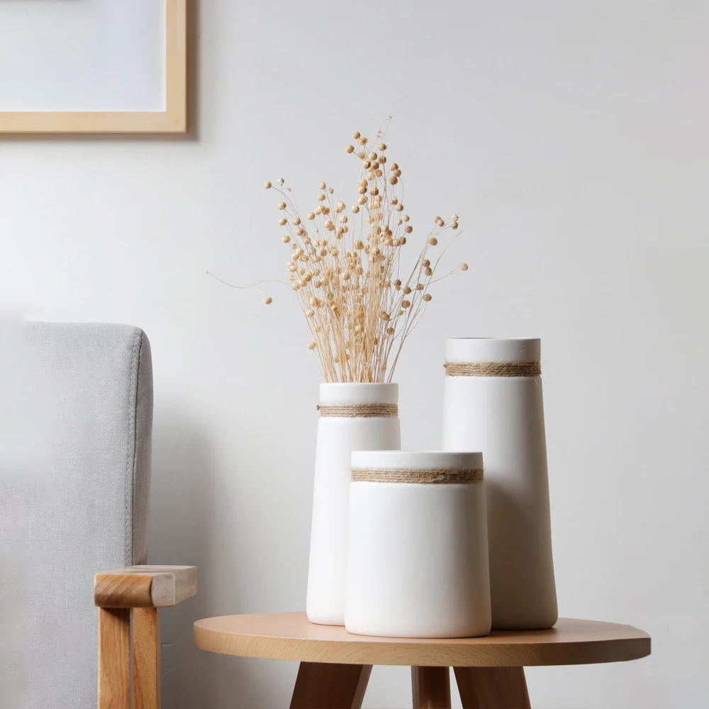 Modern Minimalist Flower Vase White Ceramic Matte with Hemp Rope for Dried Centerpiece Crafts Home Table Decoration