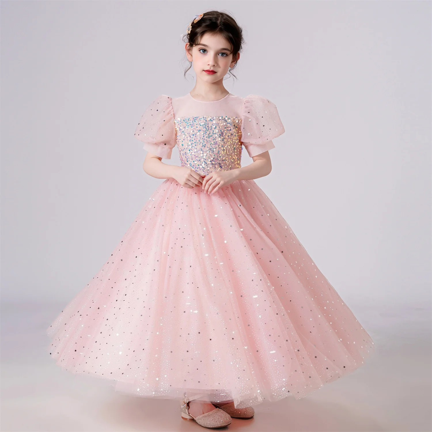 Elegant Party Dress For Girls Puff Sleeve Princess Dress For Wedding Kids Sequin Lace Birthday Communion Formal Evening Gown