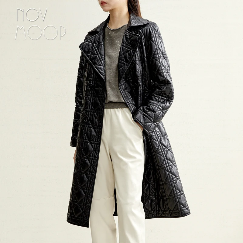 Novmoop luxurious sheepskin genuine leather quilted women long coat solid black formal chic top grade winter overcoat LT3582