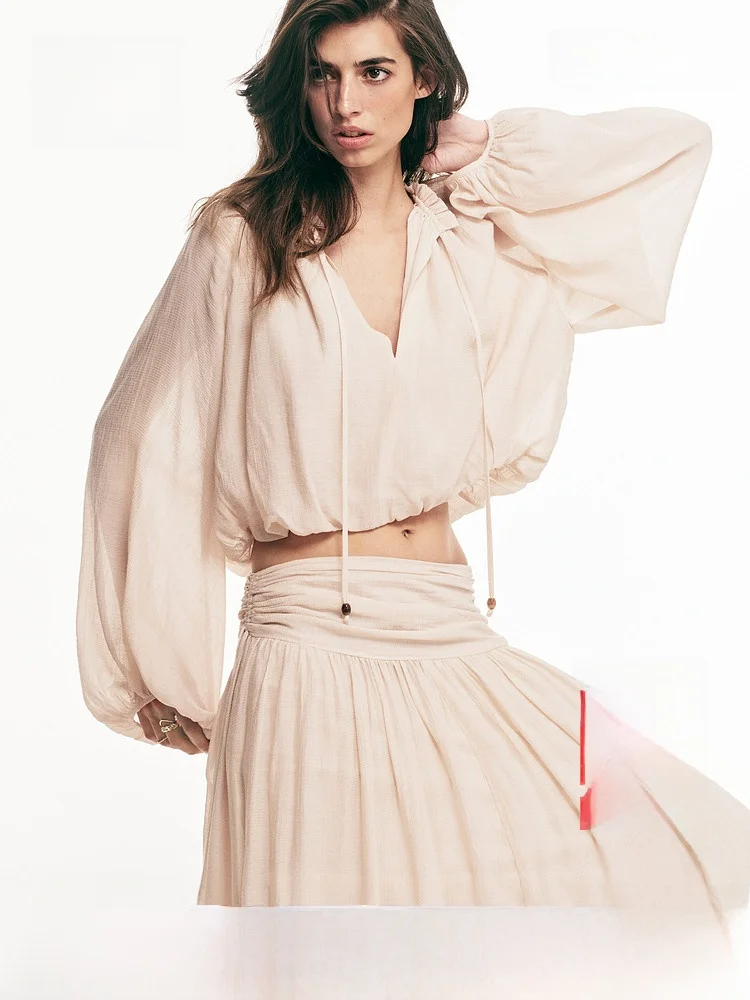 

H&M Women's Shirt Summer New Style Pleated Large Shape Fashionable Wood Ear 1334190 Casual Style Loose Bubble Sleeve