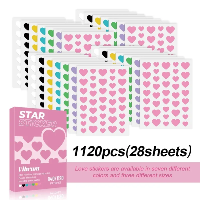 1120pcs Colorful Heart-Type Pimple Removal Sticker Breathable Hydrocolloid Acne Patch Anti-Acne Spots Marks Concealer Makeup