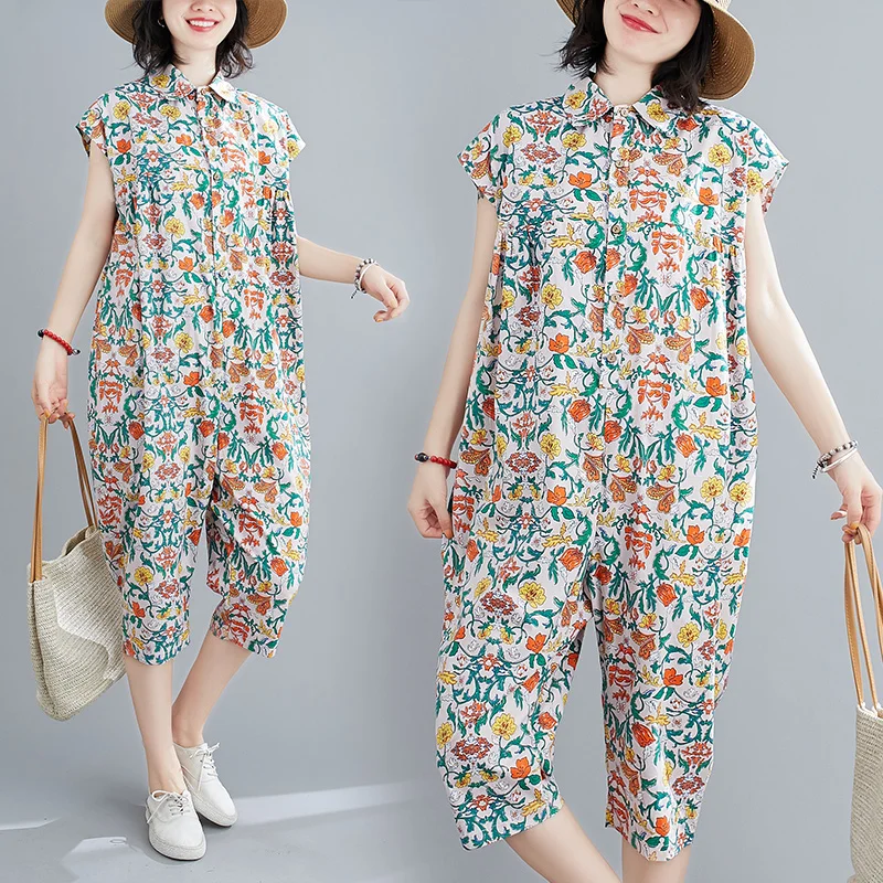 

Womens Sexy Strappy Polo-neck Romper Summer Loose Flower Print Playsuit Ladies Fashion Pants 2024 Jumpsuit Ladies T136