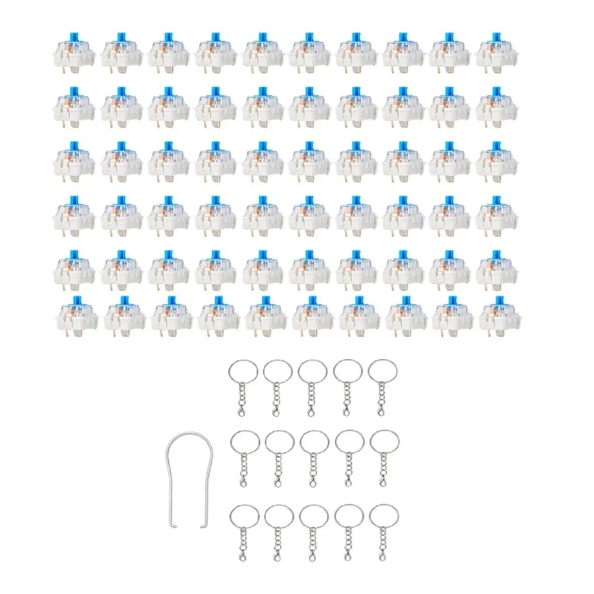 60PCS Mechanical Keyboard Switches 3 Pin Blue Clicky Switches with Puller and 15 Keychains for 3D Printed Fidget