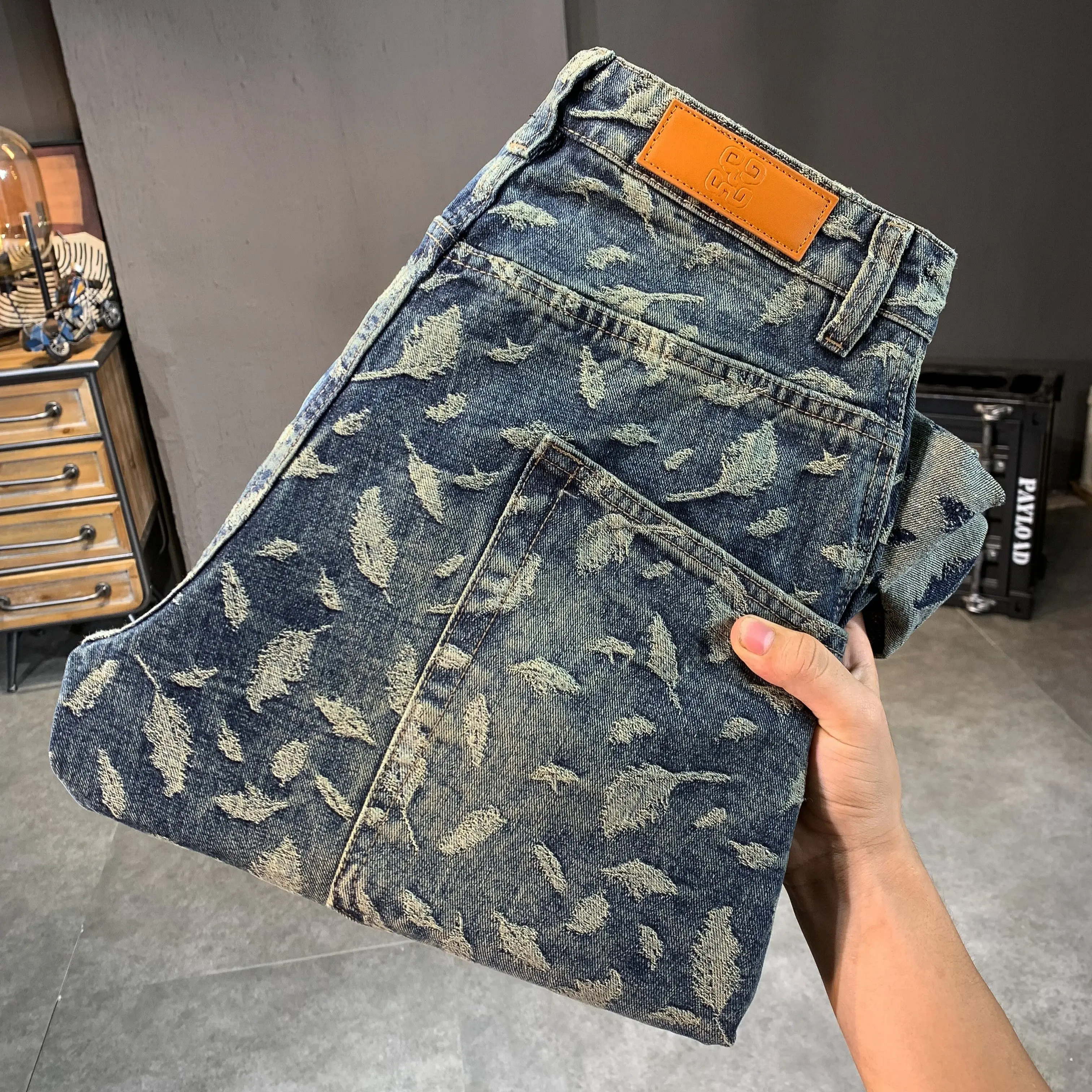 بنطال جينز جاكار أوروبي للرجال متعدد الحقائب فضفاض واسع الساق للرجال