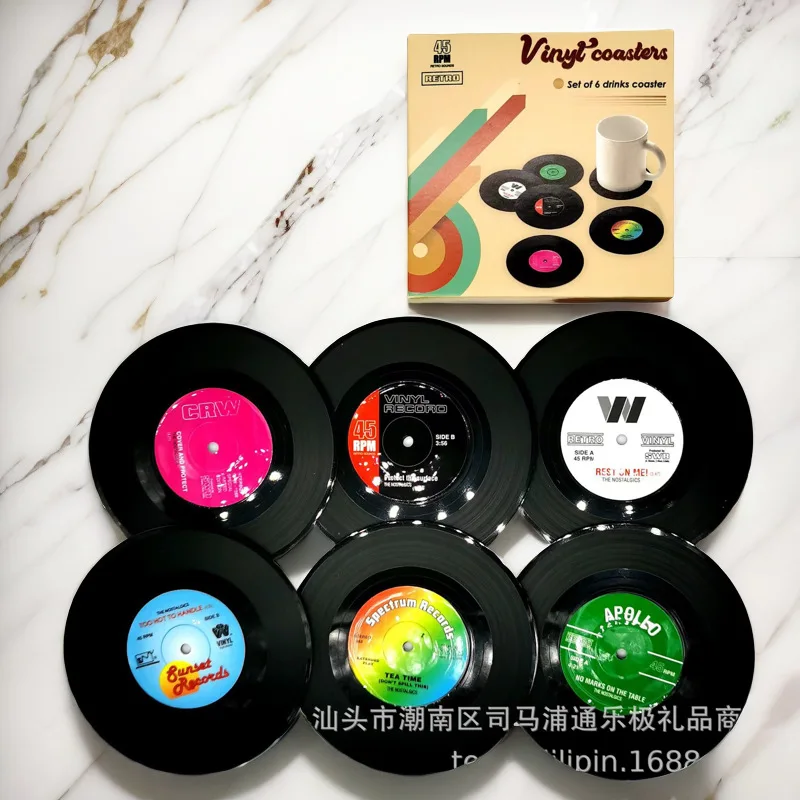 

Cross-border round non-slip silicone machine record coaster 9.5CM retro pvcCD pad plate insulation pad six pieces