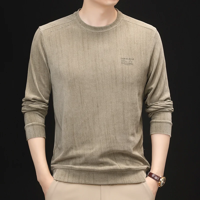 

Мужская хлопковая футболка с длинными рукавами, весенне-осенний свитшот, новинка 2025, повседневная, с круглым вырезом, высококачественный верхний базовый слой
