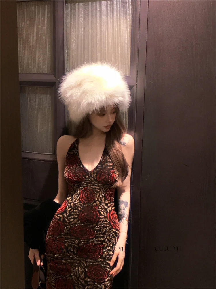 Vintage Rose Printed Velvet Dress for Women 2025 New Sexy Hanging Neck Backless Dresses Retro Slim Tailored Long Mermaid Dress