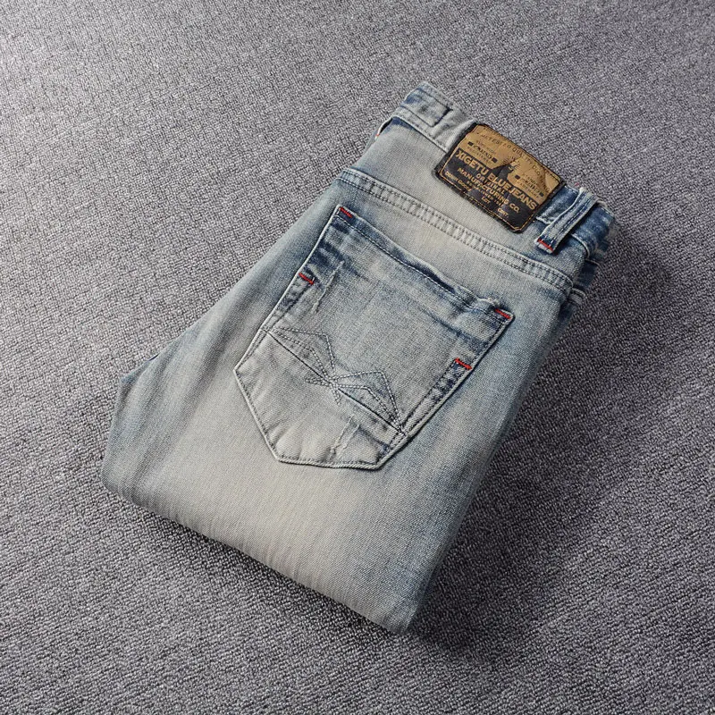 

y2k fashion new jeans scratch elastic slim fit washed blue men's jeans design is high-quality pants hombre