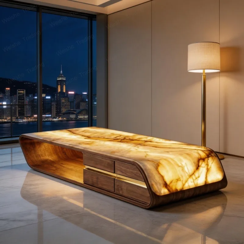 Italian light  luminous luxury stone coffee table living room, square modern,  stone light luxury villa
