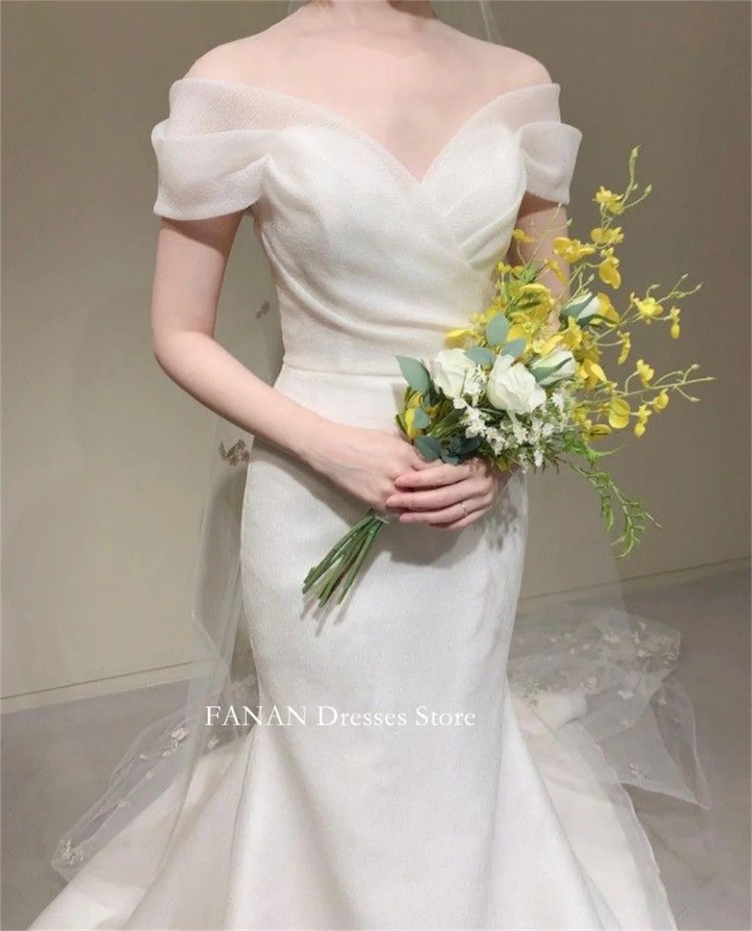 

FANAN Off Shoulder Korea White Long Wedding Dresses 웨딩드레스 Sweep Train Organza Mermaid Customized Pretty Bride Gowns Plus Size