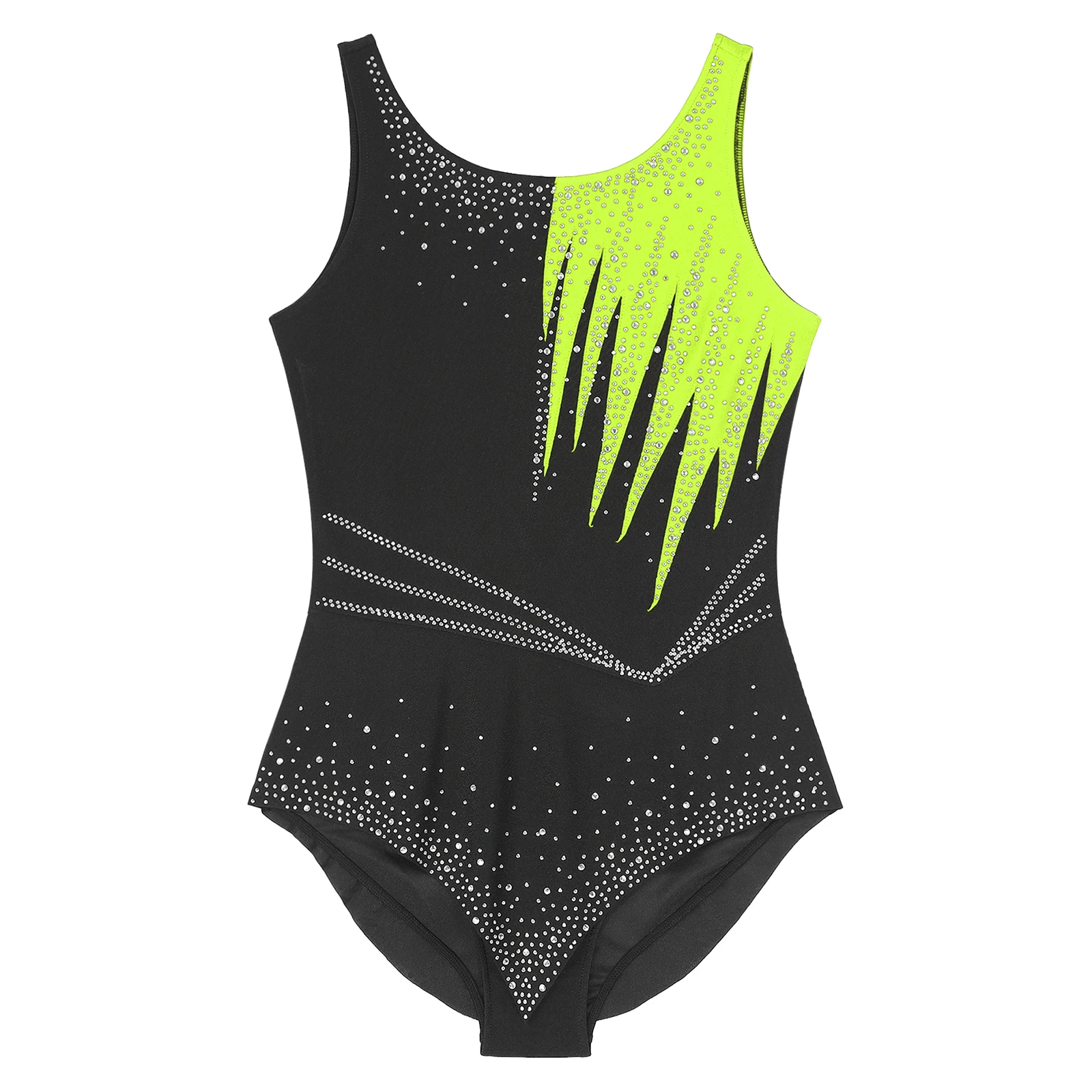 Women Rhythmic Gymnastics Leotard Figure Skating Ballet Dance Acrobatics Costume Sleeveless Shiny Rhinestone Sheer Mesh Bodysuit