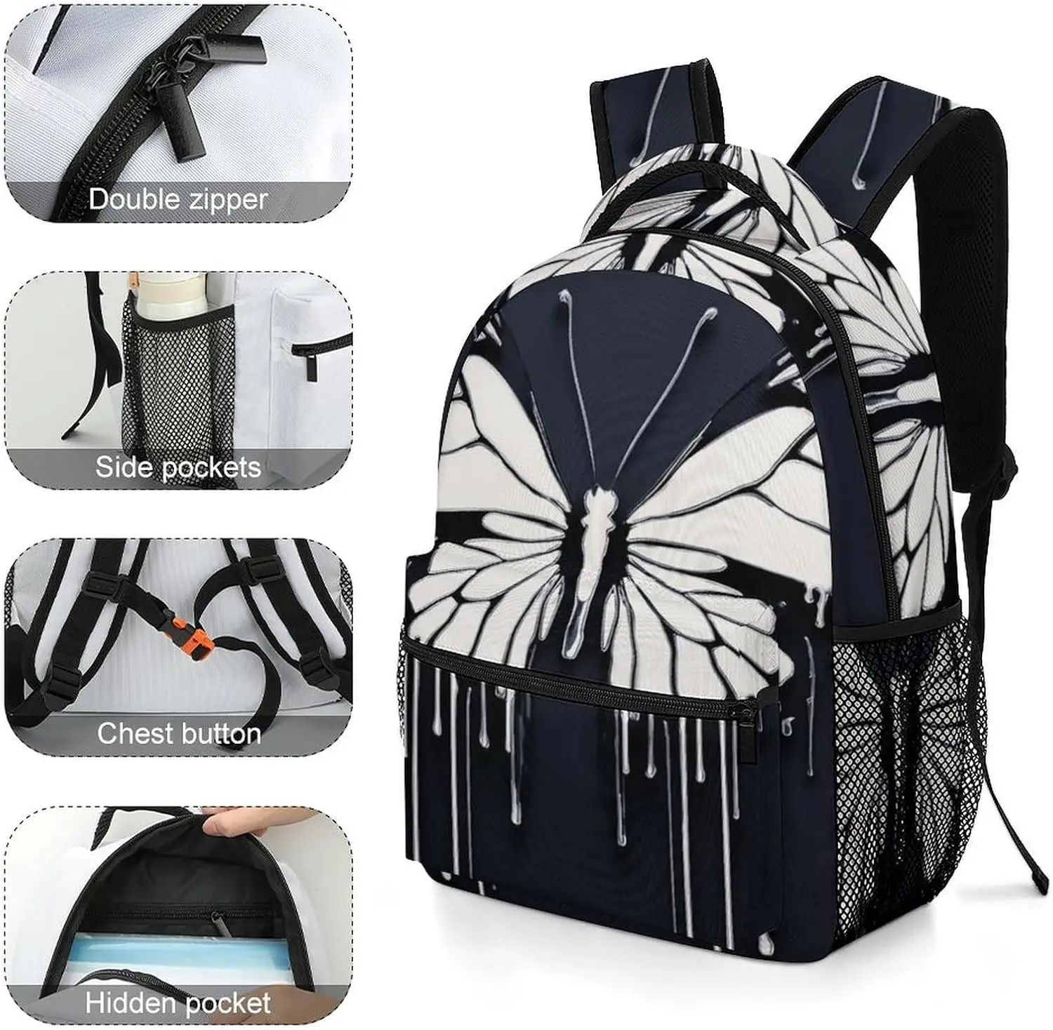 Rucksack 16 Zoll leichte große Büchertasche Schwarz-Weiß-Schmetterlings-Tagesrucksack für Reisen, Büro, Arbeit