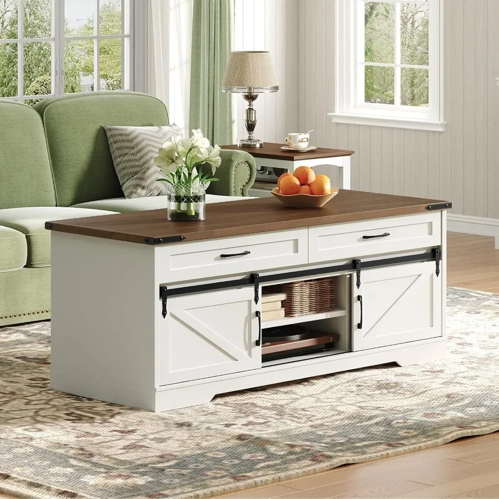 47" Farmhouse Coffee Table with Storage and Sliding Barn Doors, Large Rustic Center Table with 2 Drawers & Open Compartments