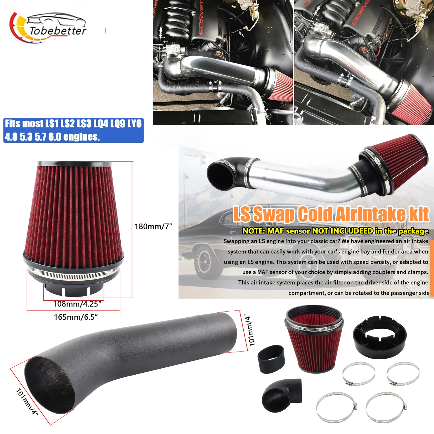 Tubo de Admisión de Aire Frío de 4 Pulgadas para Motor LS1 LS2 LS3 4.8L 5.3L 5.7L 6.0L, Kit de Filtro para Chevrolet GTO y Chevrolet Monte Carlo