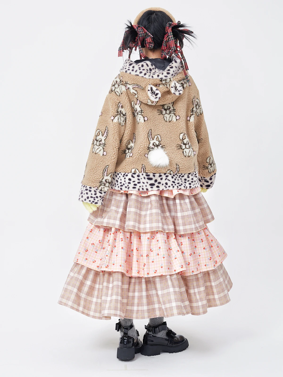 Japan JK Lolita Girls Pink Tiered Puff Cake Skirt Women Retro Cute Style, Plaid & Cherry Print Midi Skirt for Fall Winter Season