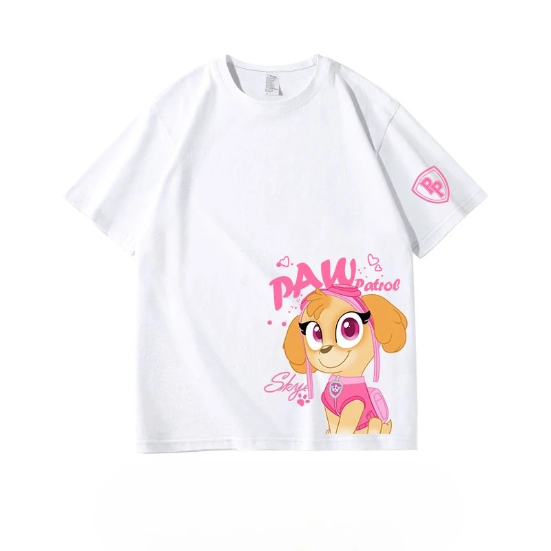 Paw Patrol Skye T-Shirt Kids Girls White 100% Cotton Short Sleeve Round Neck Pink Cartoon Dog Print Casual Summer Tee Top
