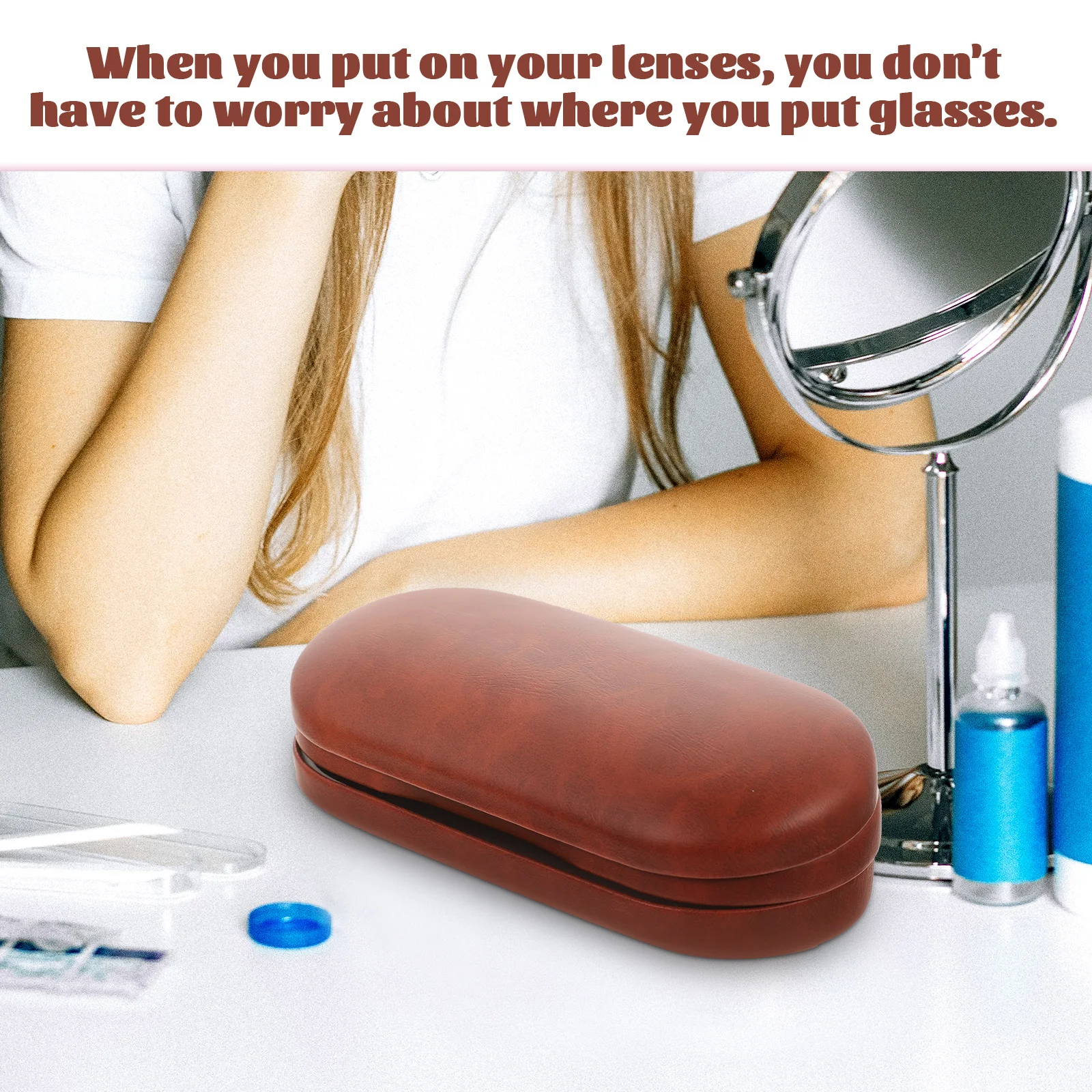 

Reusable Eyeglass Box Double Compartment PU Case for Glasses and Contacts Compact Wear-Resistant Holder with Mirror