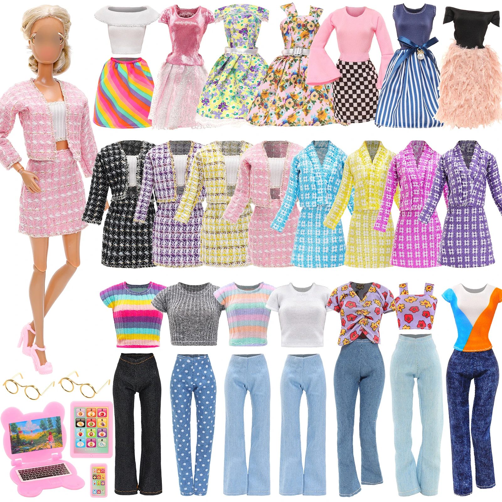 

Barwa 6 Sets Doll Clothes and Accessories Elegant Dresses Casual Tops Pants Office 2 Glasses 3 Laptop Computer Phone Tablet Pad