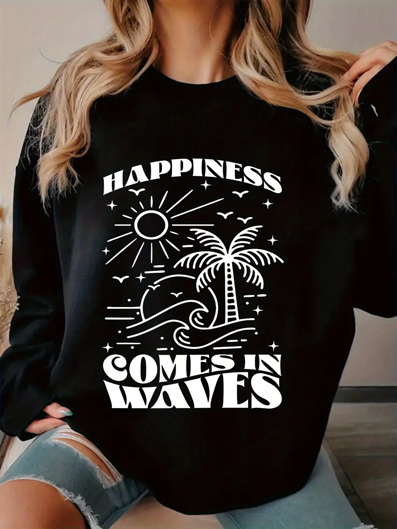 Happiness Comes In Waves Sweatshirt - Casual Polyester Knit Fabric with Round Neck, Alphabet Letter & Palm Tree Design, Spring