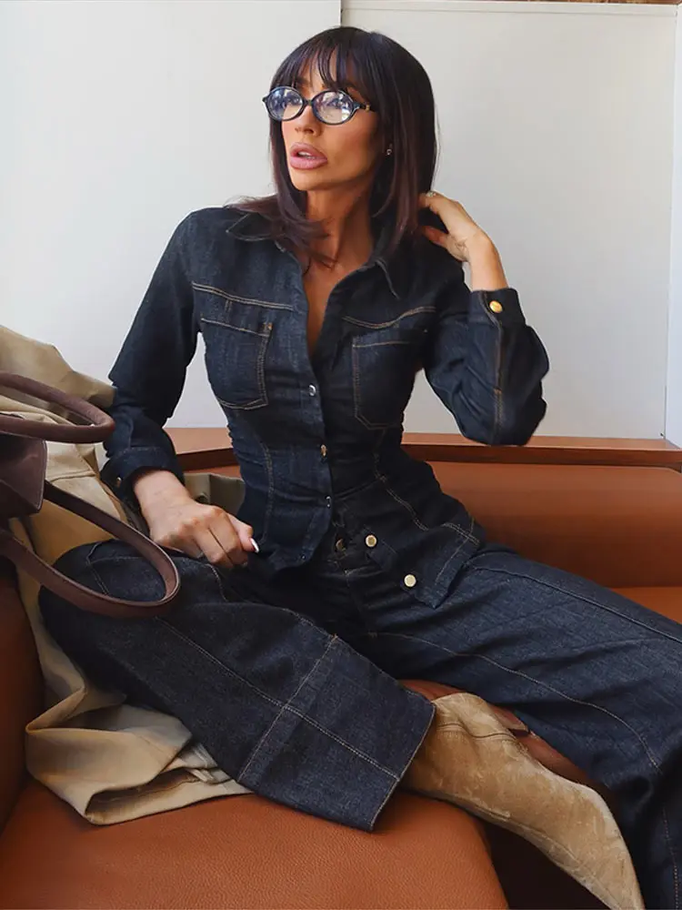 

Casual Denim Suits Women Slim Lapel Single Breasted Long Sleeves Jeans Coat Female 2025 Spring New High Street Sets 2 Pieces