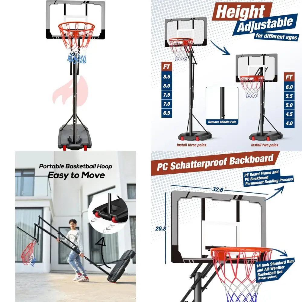 Портативная система баскетбольного кольца с регулируемой высотой 4–8,5 футов, 33 небьющиеся щитки для детей, идеальное спортивное оборудование на открытом воздухе